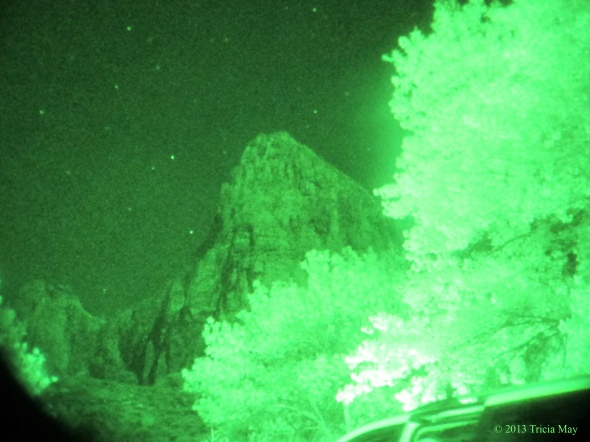 View from our campsite with night vision goggles.